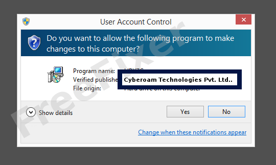 Screenshot where Cyberoam Technologies Pvt. Ltd. appears as the verified publisher in the UAC dialog